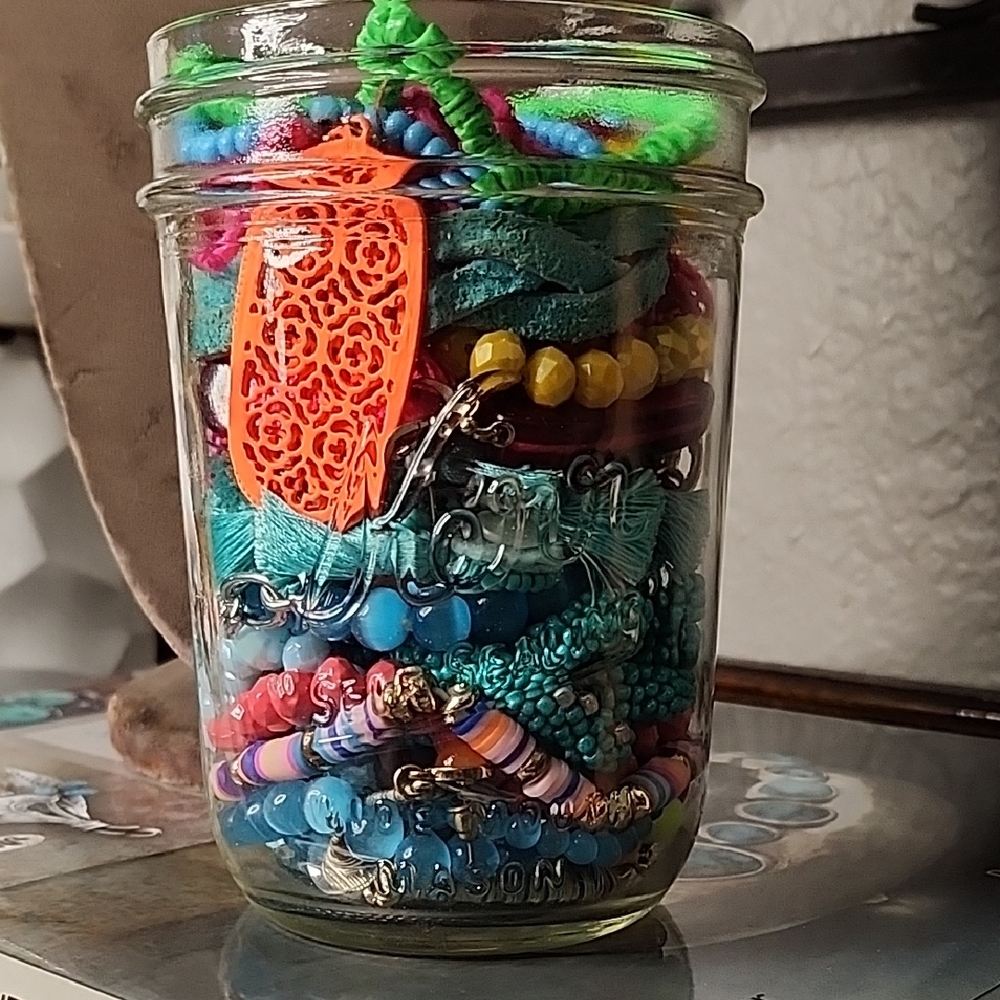 Super Bright And Fun Colorful Jewelry Jar With Earrings Bracelets Necklaces.